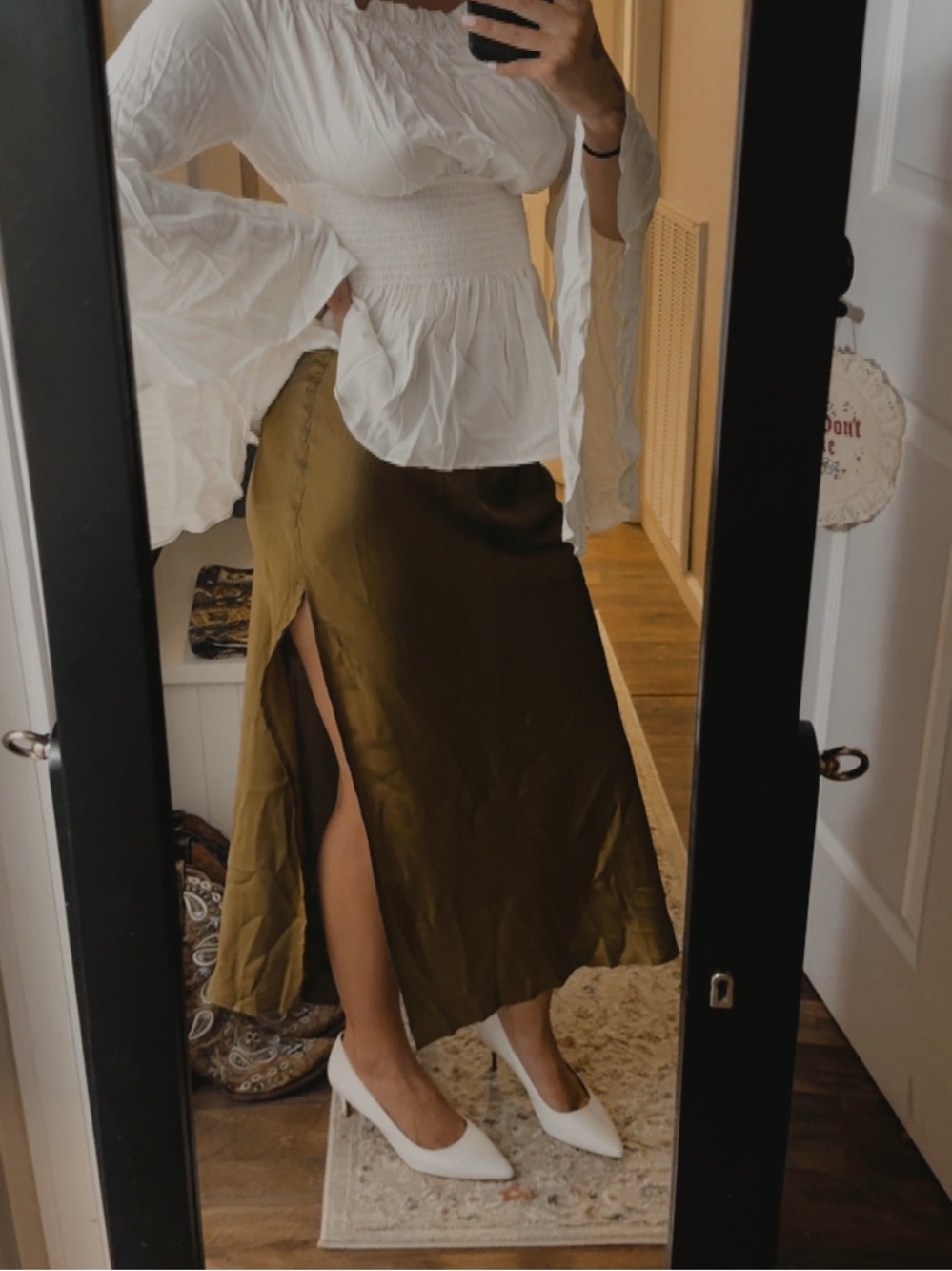 Free People Olive Satin Midi Skirt with Side Slit